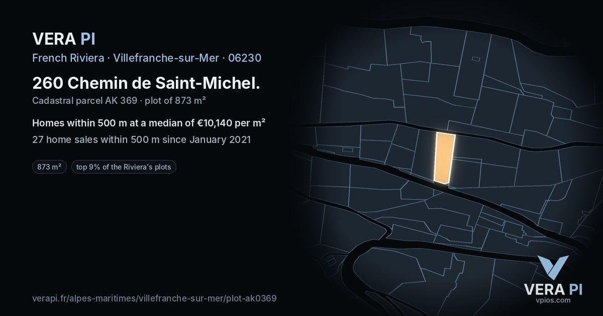 260 Chemin de Saint-Michel, Villefranche-sur-Mer at night – the plot lit, the parcels around coloured by the prices near them