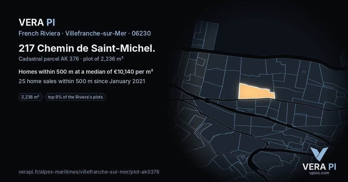 217 Chemin de Saint-Michel, Villefranche-sur-Mer at night – the plot lit, the parcels around coloured by the prices near them