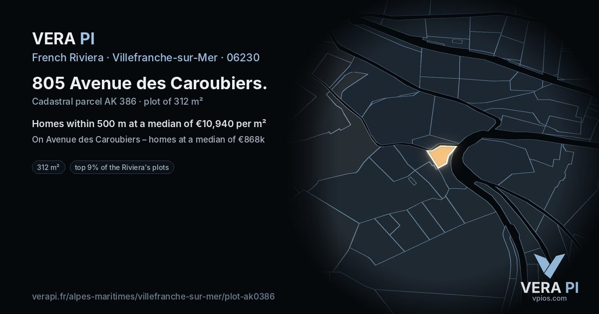 805 Avenue des Caroubiers, Villefranche-sur-Mer at night – the plot lit, the parcels around coloured by the prices near them