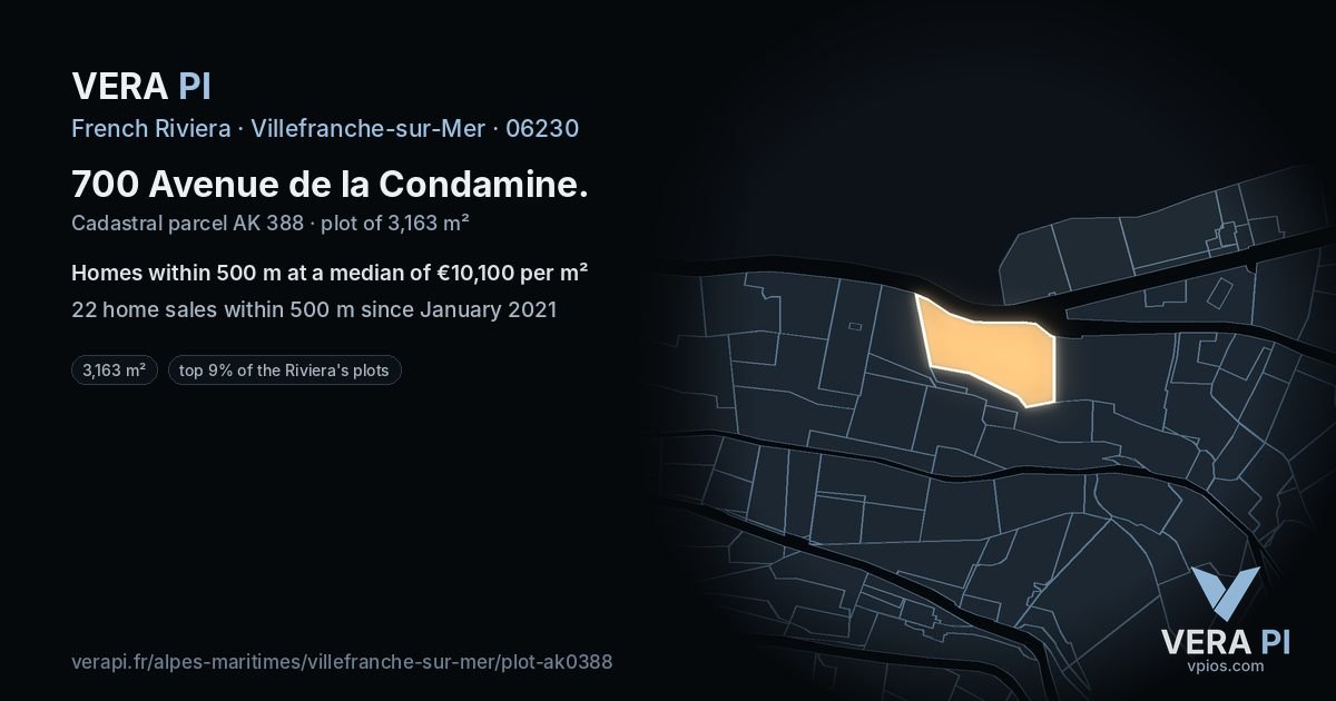 700 Avenue de la Condamine, Villefranche-sur-Mer at night – the plot lit, the parcels around coloured by the prices near them