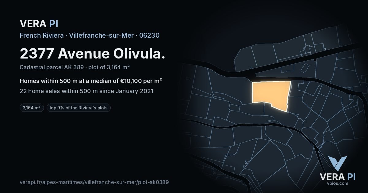 2377 Avenue Olivula, Villefranche-sur-Mer at night – the plot lit, the parcels around coloured by the prices near them