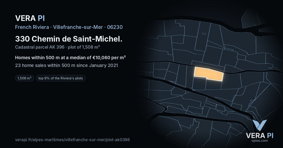 330 Chemin de Saint-Michel, Villefranche-sur-Mer at night – the plot lit, the parcels around coloured by the prices near them