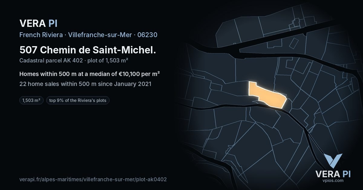 507 Chemin de Saint-Michel, Villefranche-sur-Mer at night – the plot lit, the parcels around coloured by the prices near them