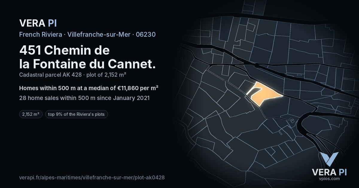 451 Chemin de la Fontaine du Cannet, Villefranche-sur-Mer at night – the plot lit, the parcels around coloured by the prices near them