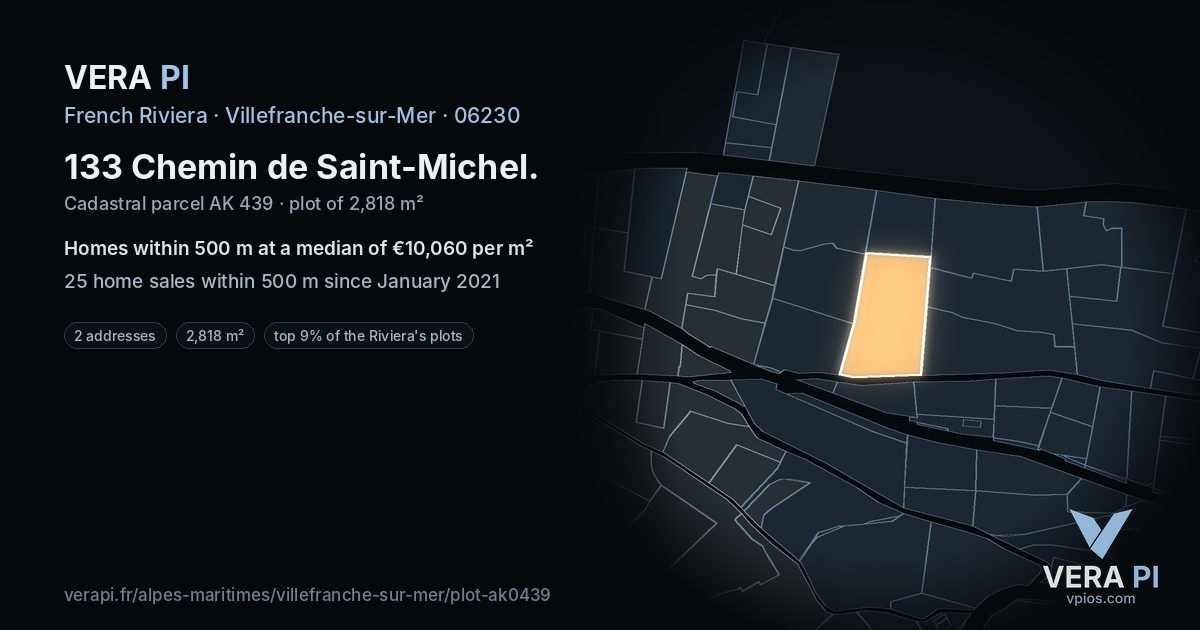 133 Chemin de Saint-Michel, Villefranche-sur-Mer at night – the plot lit, the parcels around coloured by the prices near them
