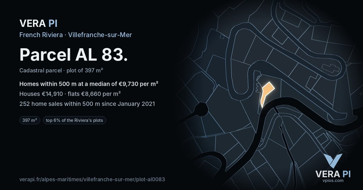 Parcel AL 83, Villefranche-sur-Mer at night – the plot lit, the parcels around coloured by the prices near them