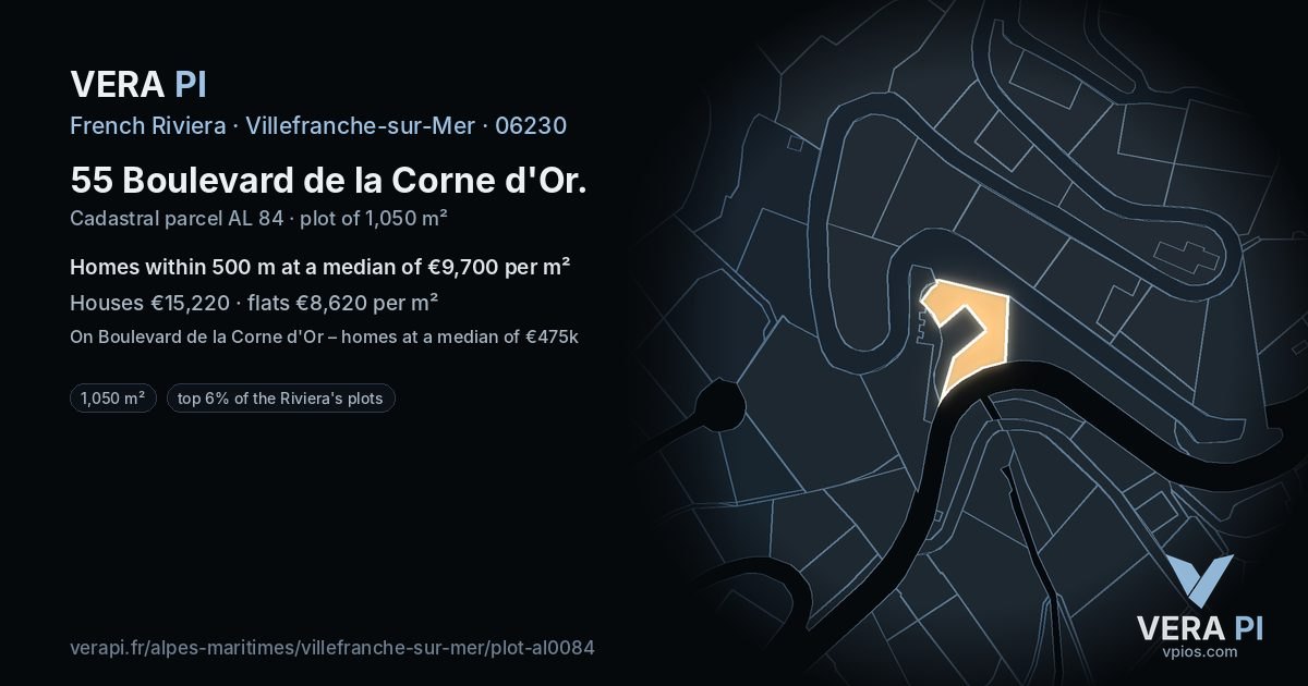 55 Boulevard de la Corne d'Or, Villefranche-sur-Mer at night – the plot lit, the parcels around coloured by the prices near them