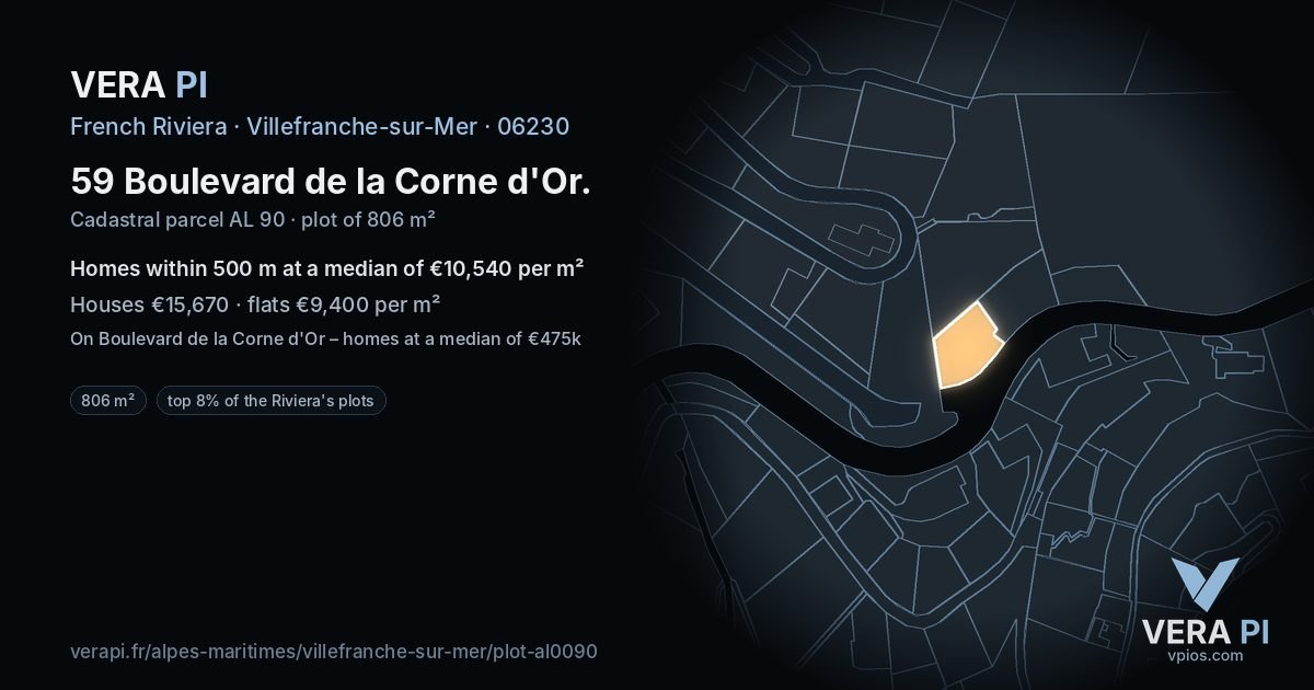 59 Boulevard de la Corne d'Or, Villefranche-sur-Mer at night – the plot lit, the parcels around coloured by the prices near them
