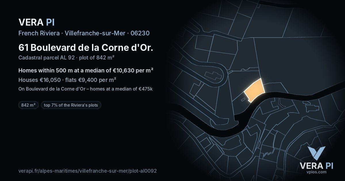 61 Boulevard de la Corne d'Or, Villefranche-sur-Mer at night – the plot lit, the parcels around coloured by the prices near them