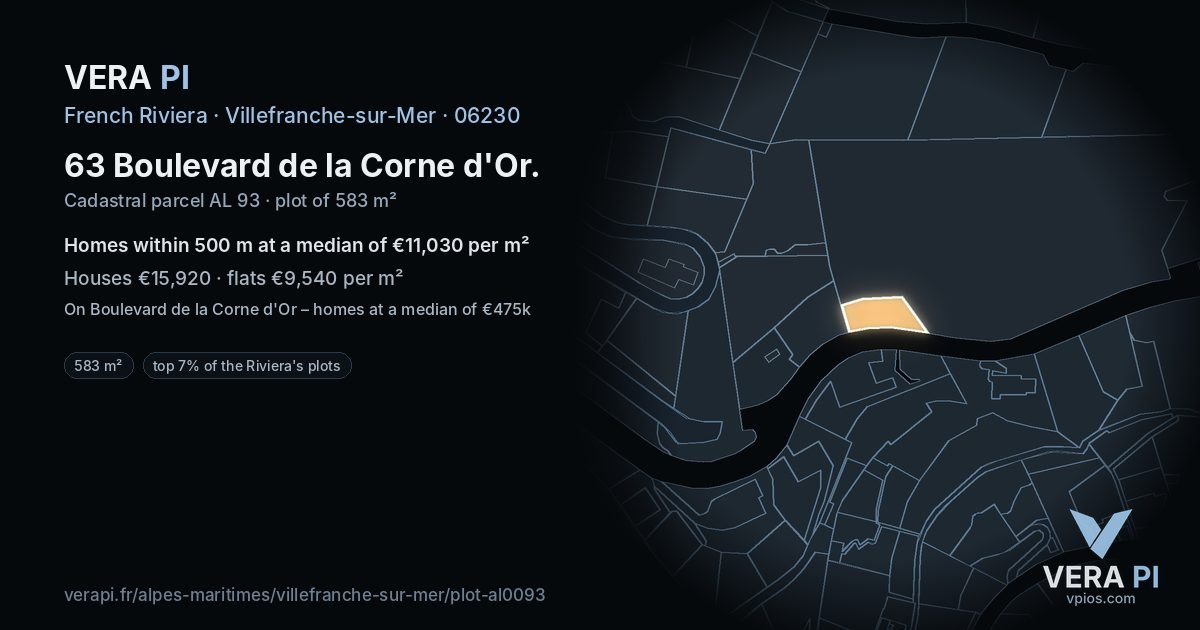 63 Boulevard de la Corne d'Or, Villefranche-sur-Mer at night – the plot lit, the parcels around coloured by the prices near them
