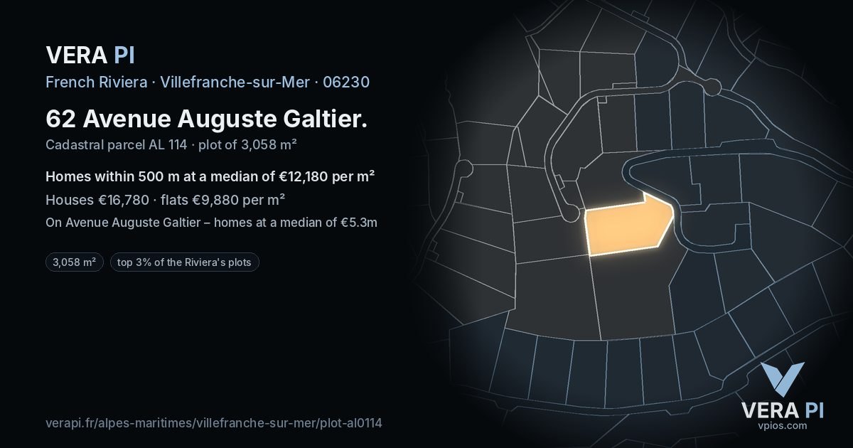 62 Avenue Auguste Galtier, Villefranche-sur-Mer at night – the plot lit, the parcels around coloured by the prices near them