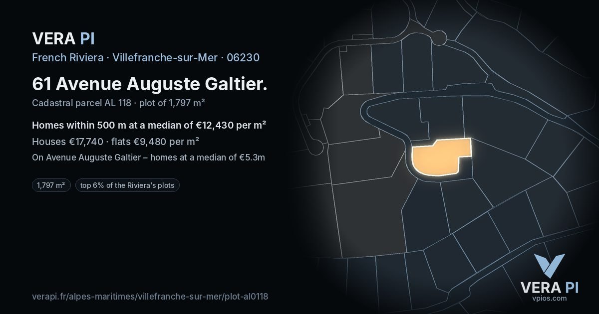 61 Avenue Auguste Galtier, Villefranche-sur-Mer at night – the plot lit, the parcels around coloured by the prices near them