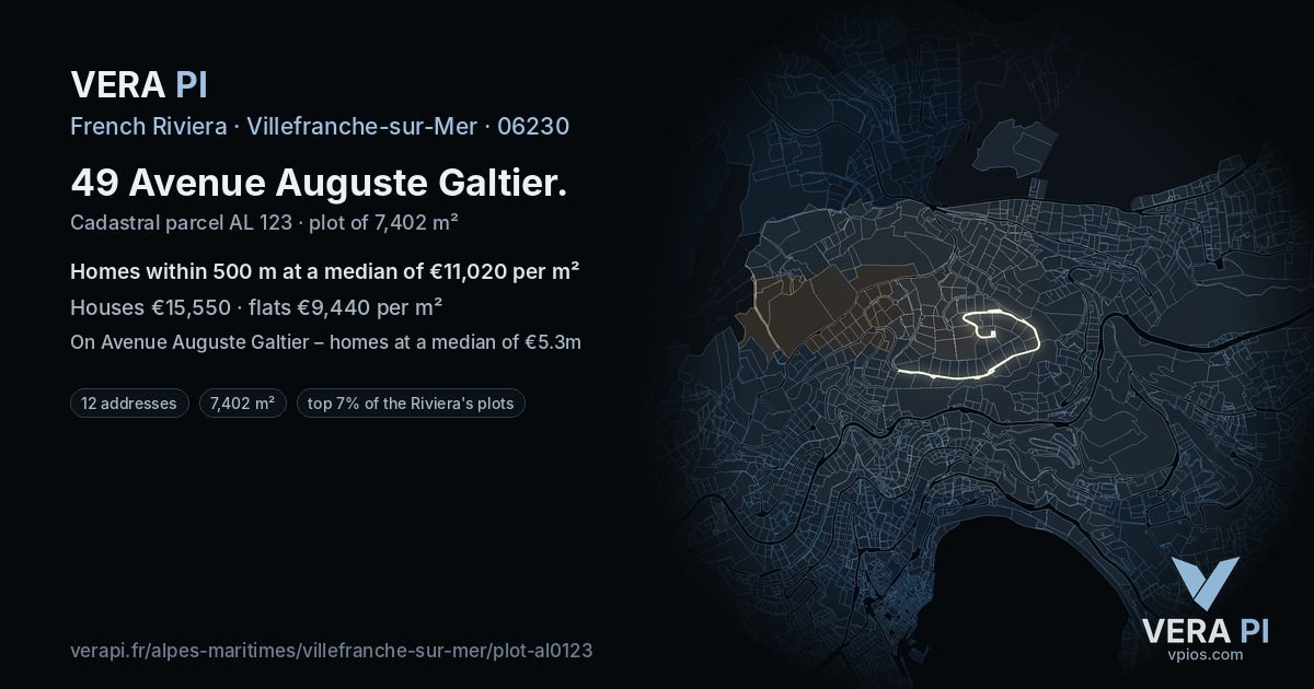 49 Avenue Auguste Galtier, Villefranche-sur-Mer at night – the plot lit, the parcels around coloured by the prices near them