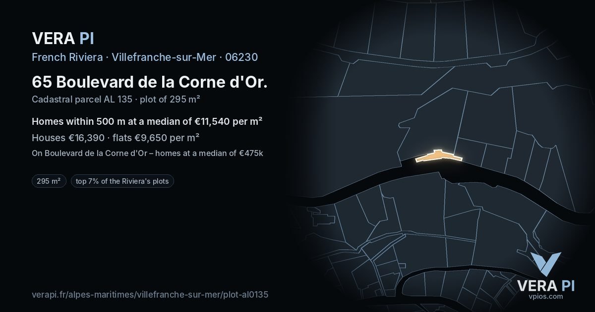 65 Boulevard de la Corne d'Or, Villefranche-sur-Mer at night – the plot lit, the parcels around coloured by the prices near them