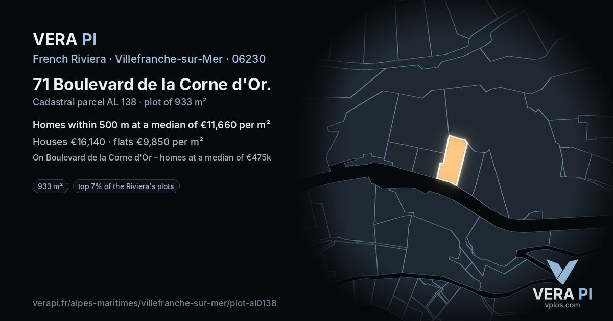 71 Boulevard de la Corne d'Or, Villefranche-sur-Mer at night – the plot lit, the parcels around coloured by the prices near them