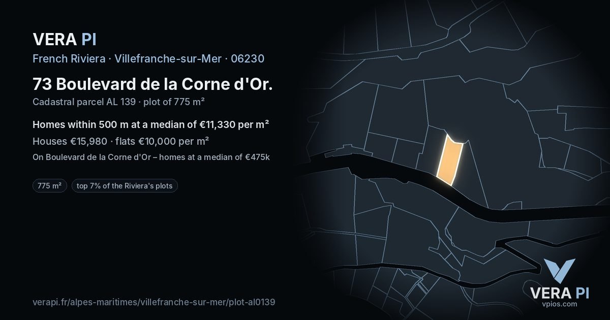 73 Boulevard de la Corne d'Or, Villefranche-sur-Mer at night – the plot lit, the parcels around coloured by the prices near them