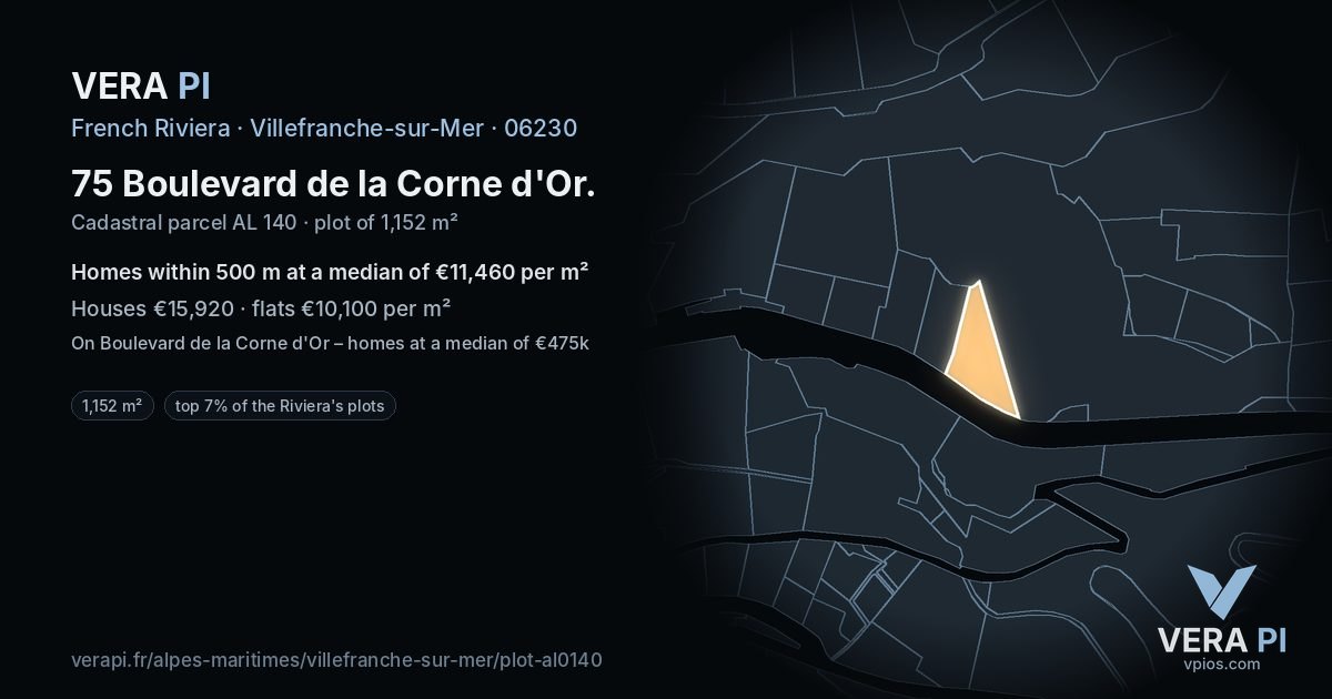 75 Boulevard de la Corne d'Or, Villefranche-sur-Mer at night – the plot lit, the parcels around coloured by the prices near them
