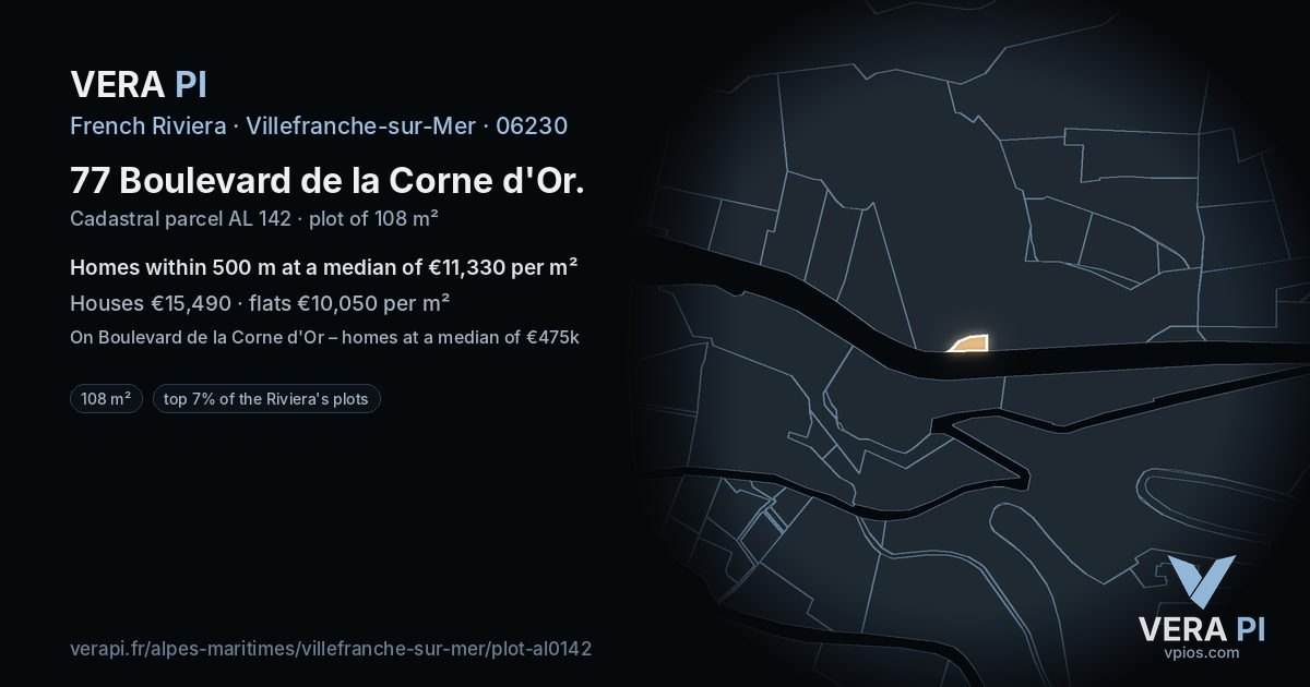 77 Boulevard de la Corne d'Or, Villefranche-sur-Mer at night – the plot lit, the parcels around coloured by the prices near them