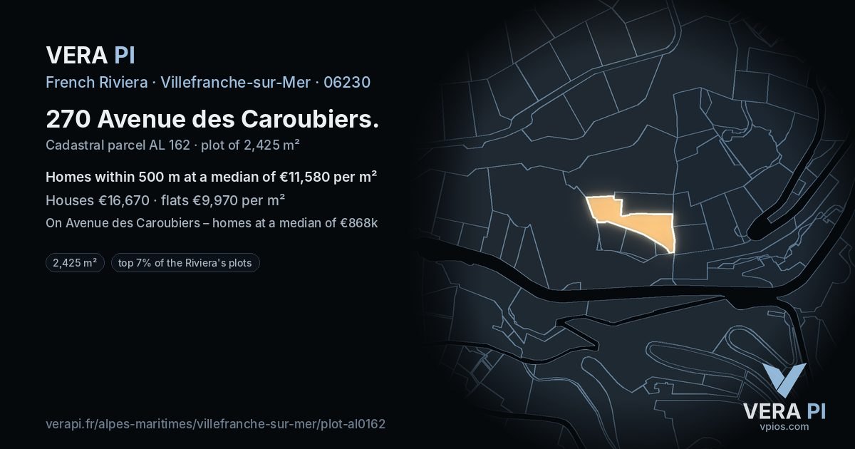 270 Avenue des Caroubiers, Villefranche-sur-Mer at night – the plot lit, the parcels around coloured by the prices near them
