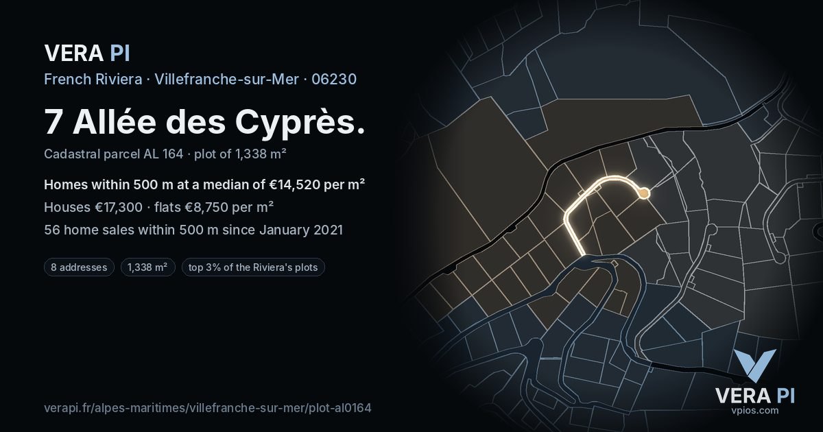 7 Allée des Cyprès, Villefranche-sur-Mer at night – the plot lit, the parcels around coloured by the prices near them