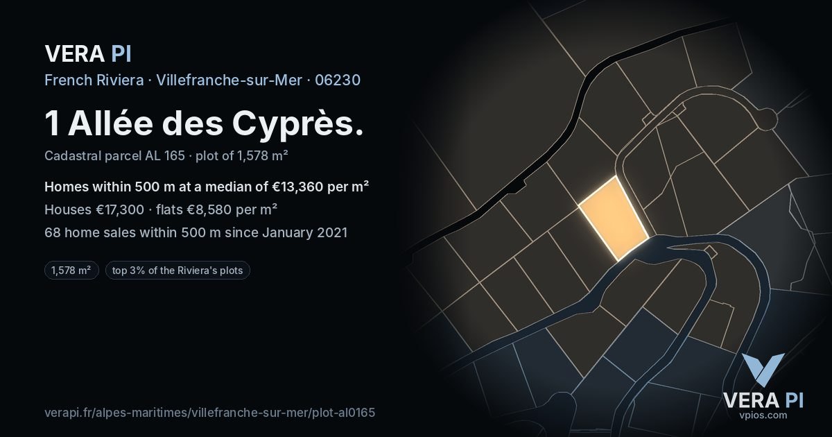 1 Allée des Cyprès, Villefranche-sur-Mer at night – the plot lit, the parcels around coloured by the prices near them
