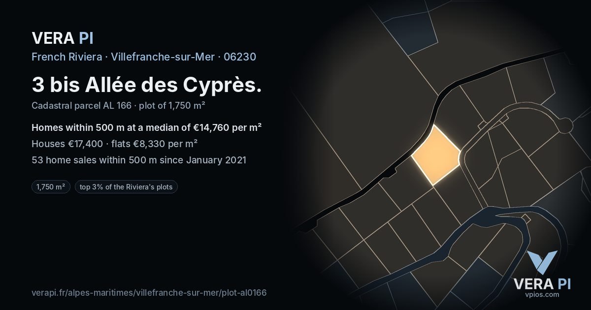 3 bis Allée des Cyprès, Villefranche-sur-Mer at night – the plot lit, the parcels around coloured by the prices near them