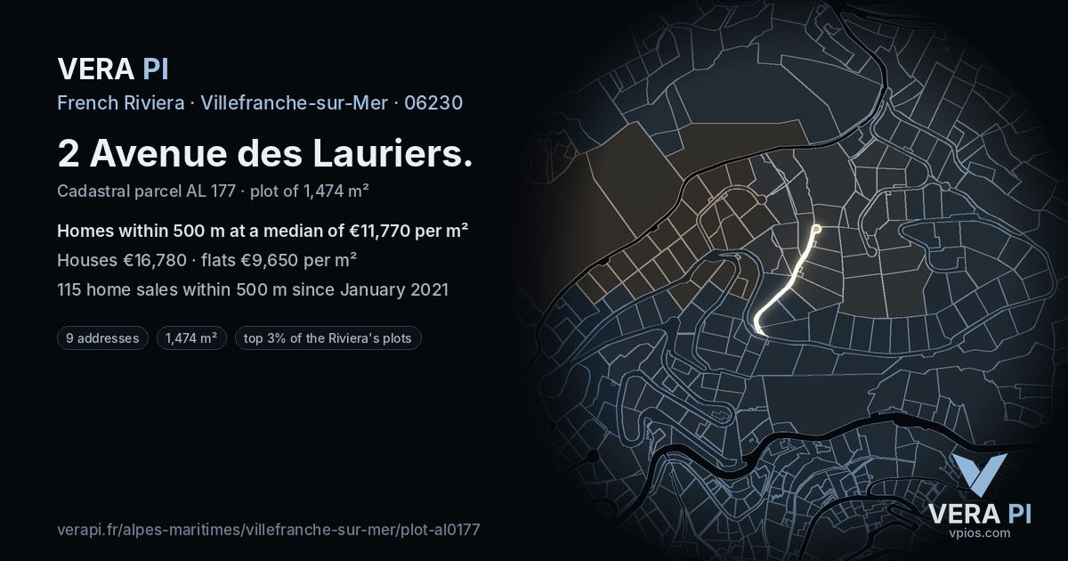 2 Avenue des Lauriers, Villefranche-sur-Mer at night – the plot lit, the parcels around coloured by the prices near them