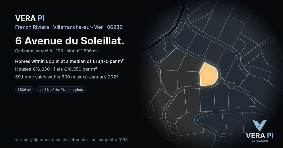 6 Avenue du Soleillat, Villefranche-sur-Mer at night – the plot lit, the parcels around coloured by the prices near them
