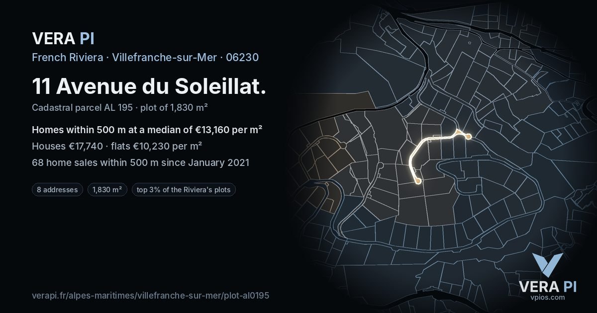 11 Avenue du Soleillat, Villefranche-sur-Mer at night – the plot lit, the parcels around coloured by the prices near them