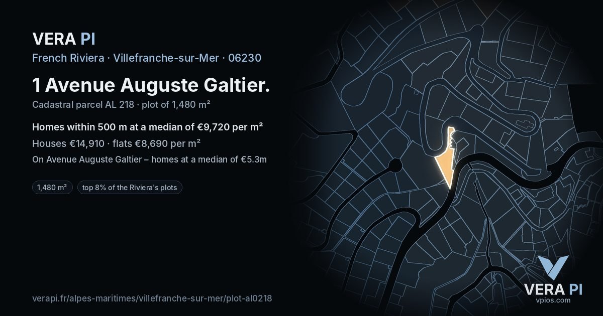 1 Avenue Auguste Galtier, Villefranche-sur-Mer at night – the plot lit, the parcels around coloured by the prices near them