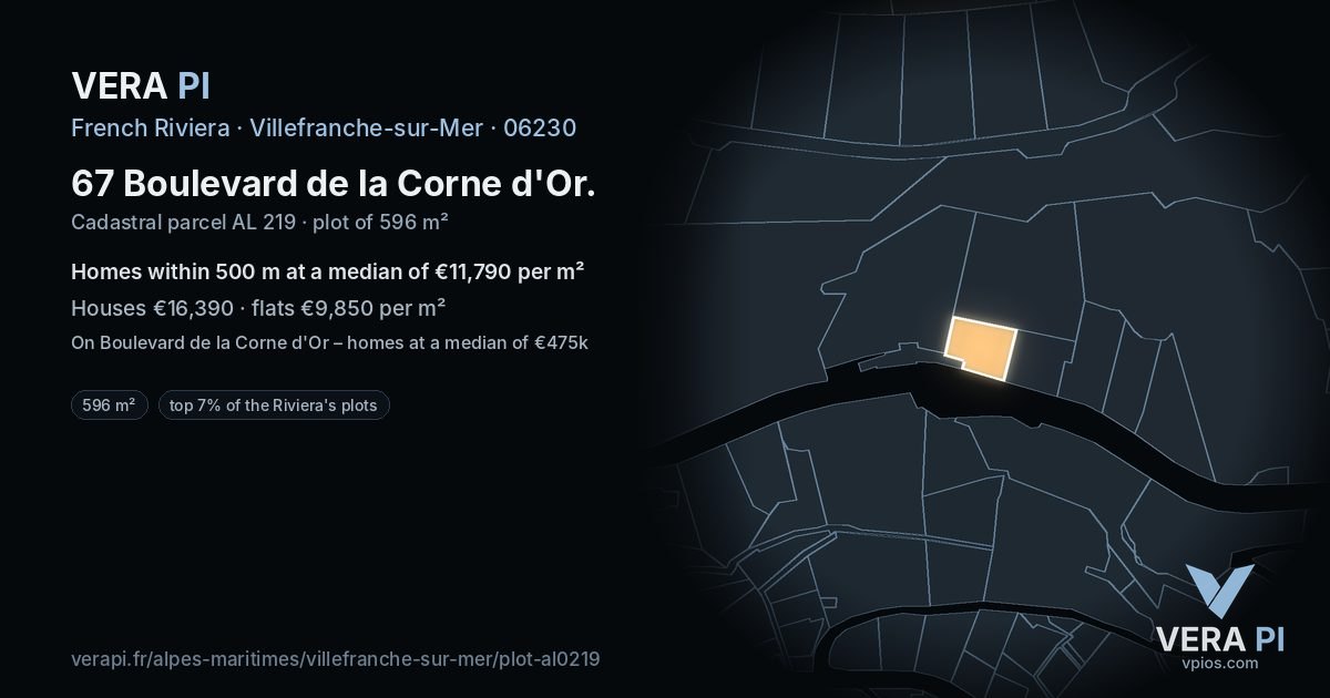 67 Boulevard de la Corne d'Or, Villefranche-sur-Mer at night – the plot lit, the parcels around coloured by the prices near them