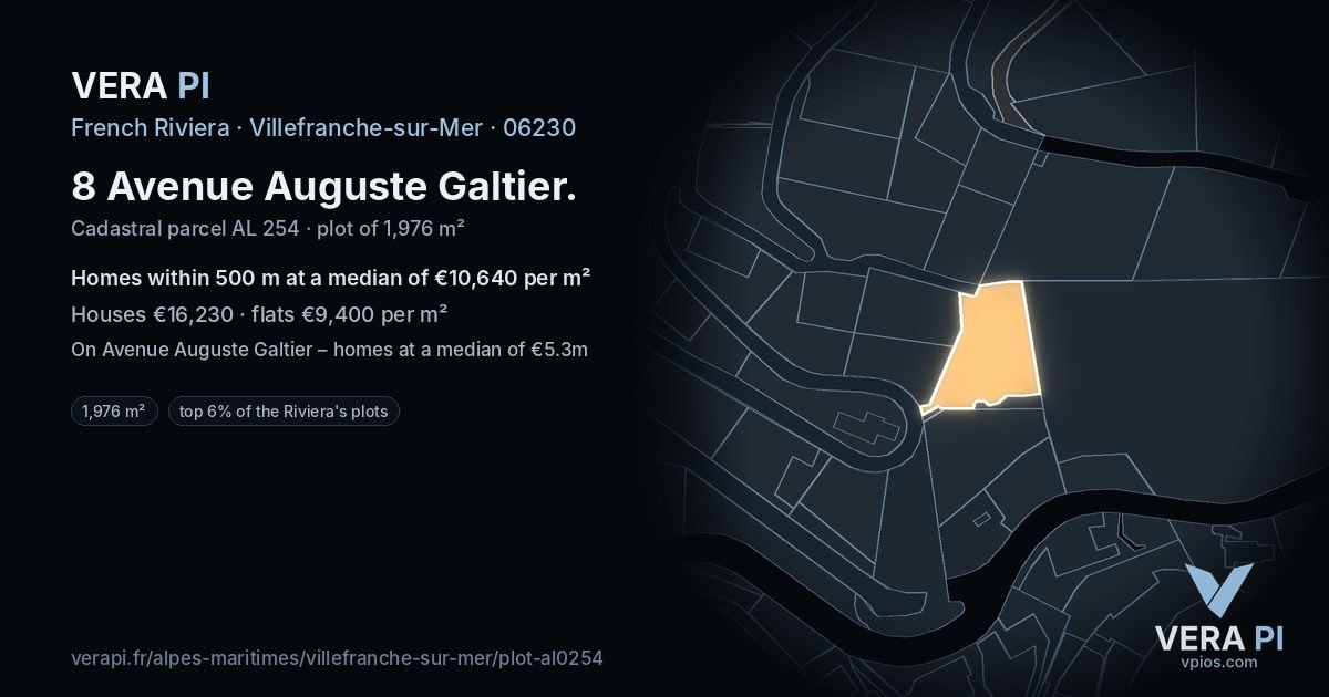 8 Avenue Auguste Galtier, Villefranche-sur-Mer at night – the plot lit, the parcels around coloured by the prices near them