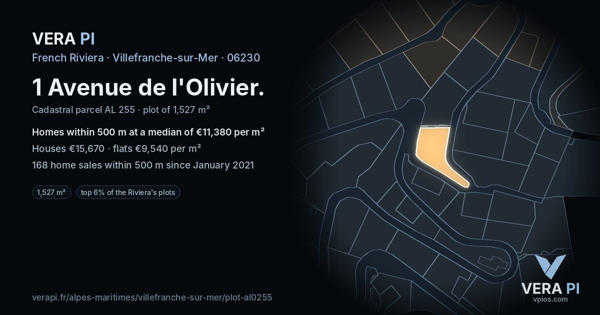 1 Avenue de l'Olivier, Villefranche-sur-Mer at night – the plot lit, the parcels around coloured by the prices near them