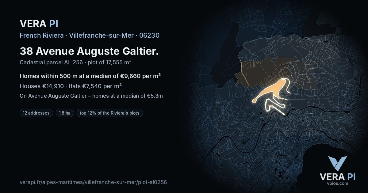 38 Avenue Auguste Galtier, Villefranche-sur-Mer at night – the plot lit, the parcels around coloured by the prices near them