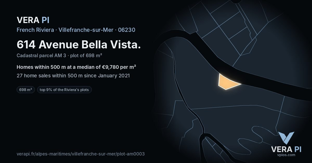 614 Avenue Bella Vista, Villefranche-sur-Mer at night – the plot lit, the parcels around coloured by the prices near them
