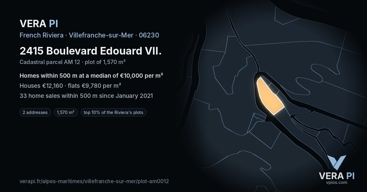 2415 Boulevard Edouard VII, Villefranche-sur-Mer at night – the plot lit, the parcels around coloured by the prices near them