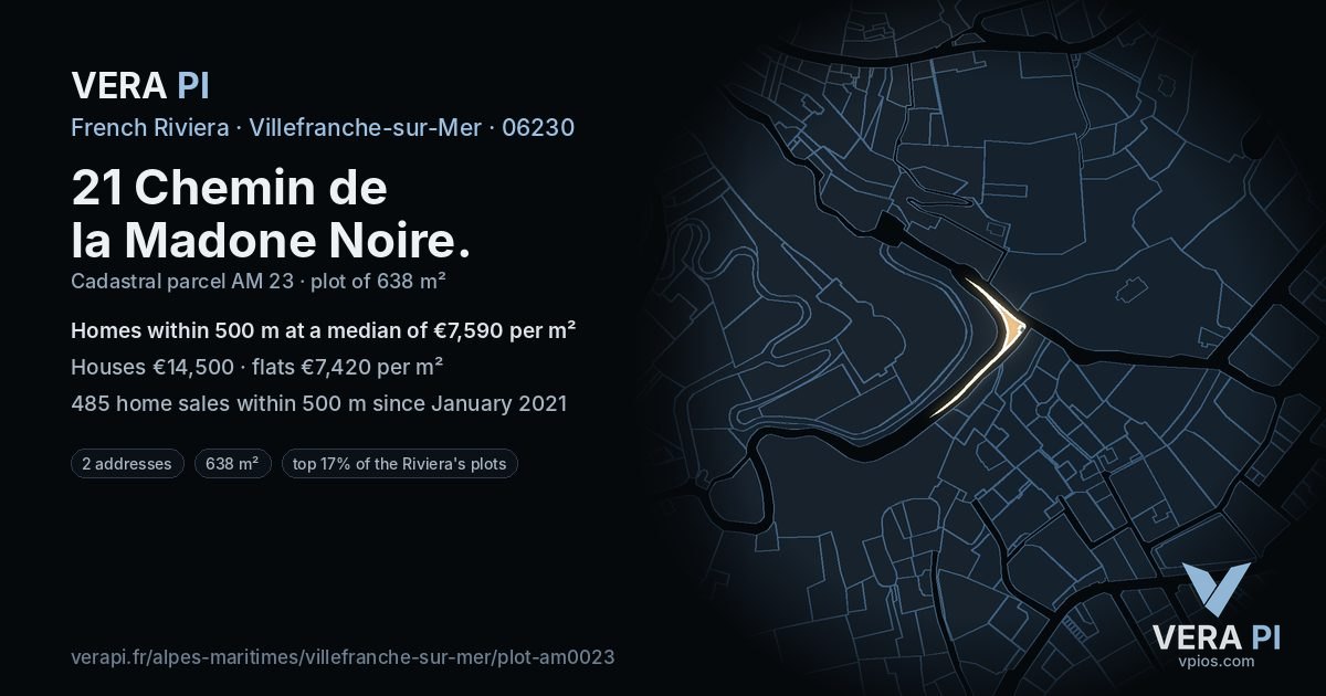 21 Chemin de la Madone Noire, Villefranche-sur-Mer at night – the plot lit, the parcels around coloured by the prices near them