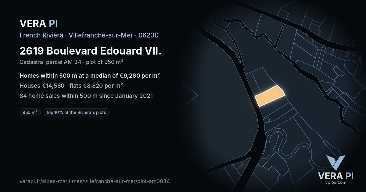 2619 Boulevard Edouard VII, Villefranche-sur-Mer at night – the plot lit, the parcels around coloured by the prices near them