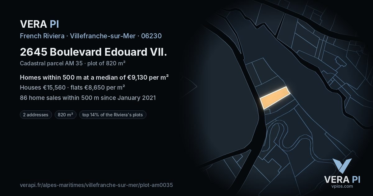 2645 Boulevard Edouard VII, Villefranche-sur-Mer at night – the plot lit, the parcels around coloured by the prices near them