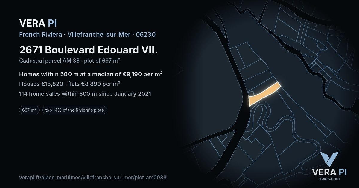 2671 Boulevard Edouard VII, Villefranche-sur-Mer at night – the plot lit, the parcels around coloured by the prices near them