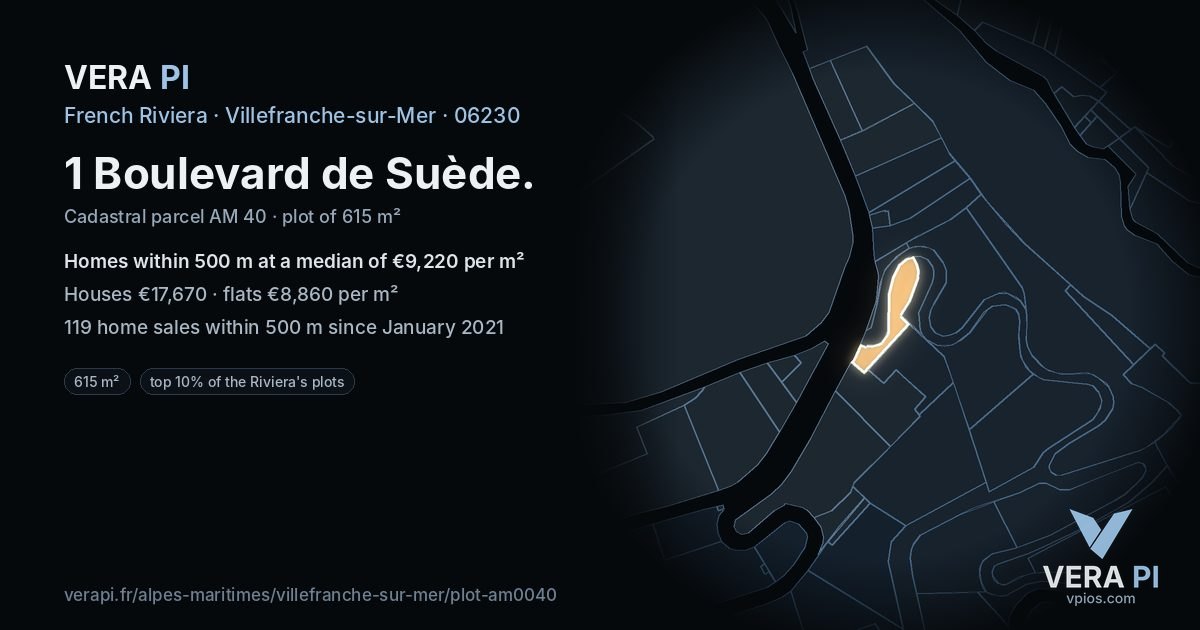 1 Boulevard de Suède, Villefranche-sur-Mer at night – the plot lit, the parcels around coloured by the prices near them