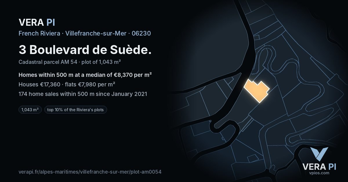 3 Boulevard de Suède, Villefranche-sur-Mer at night – the plot lit, the parcels around coloured by the prices near them