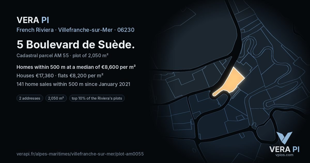 5 Boulevard de Suède, Villefranche-sur-Mer at night – the plot lit, the parcels around coloured by the prices near them
