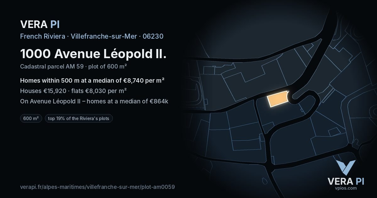 1000 Avenue Léopold II, Villefranche-sur-Mer at night – the plot lit, the parcels around coloured by the prices near them