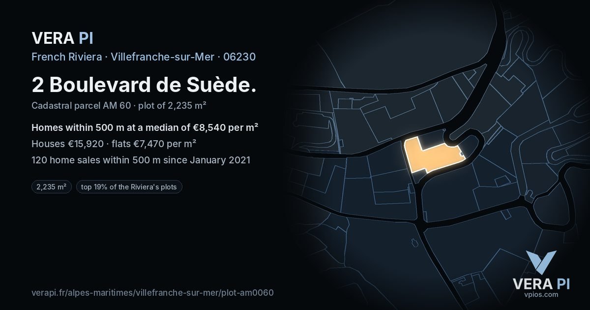 2 Boulevard de Suède, Villefranche-sur-Mer at night – the plot lit, the parcels around coloured by the prices near them