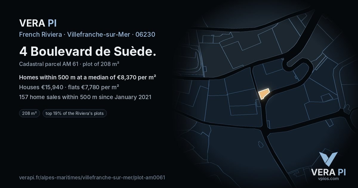 4 Boulevard de Suède, Villefranche-sur-Mer at night – the plot lit, the parcels around coloured by the prices near them