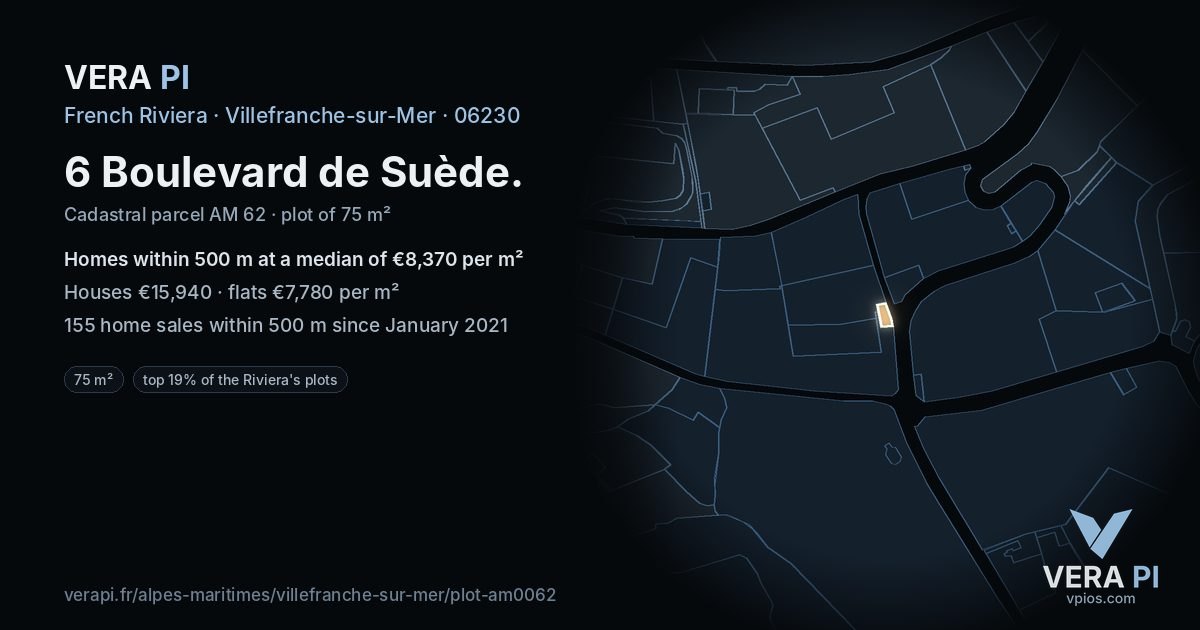 6 Boulevard de Suède, Villefranche-sur-Mer at night – the plot lit, the parcels around coloured by the prices near them