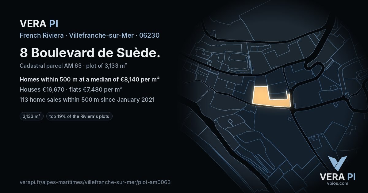 8 Boulevard de Suède, Villefranche-sur-Mer at night – the plot lit, the parcels around coloured by the prices near them