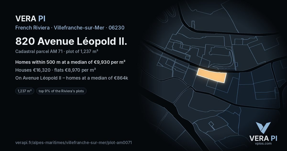 820 Avenue Léopold II, Villefranche-sur-Mer at night – the plot lit, the parcels around coloured by the prices near them