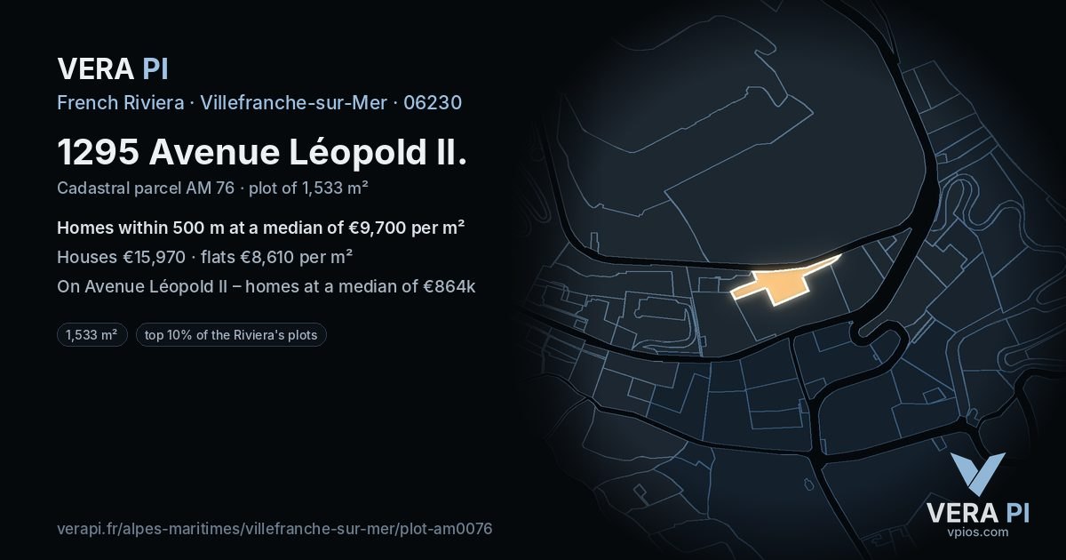 1295 Avenue Léopold II, Villefranche-sur-Mer at night – the plot lit, the parcels around coloured by the prices near them